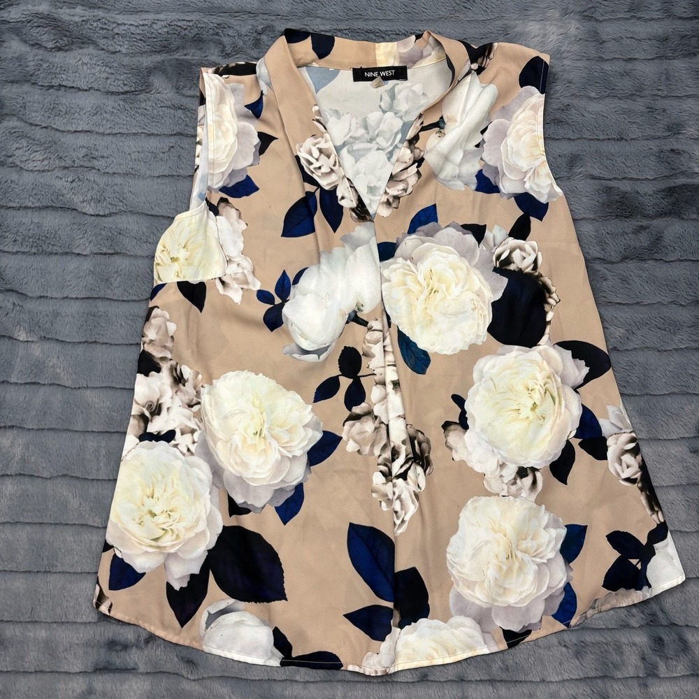 Nine West Womens Medium Tan Navy Blue Floral V-Neck Sleeveless Pleated Blouse